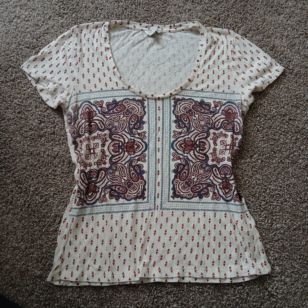 🧚‍♀️Lucky Brand Cream Paisley Border Print Scoop Neck Tee | Small Petite
